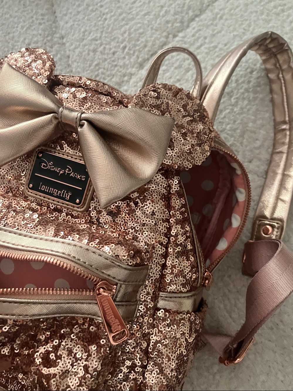 Loungefly Rose Gold Sequin Mini Backpack with Metallic Bow - Picture 4 of 4